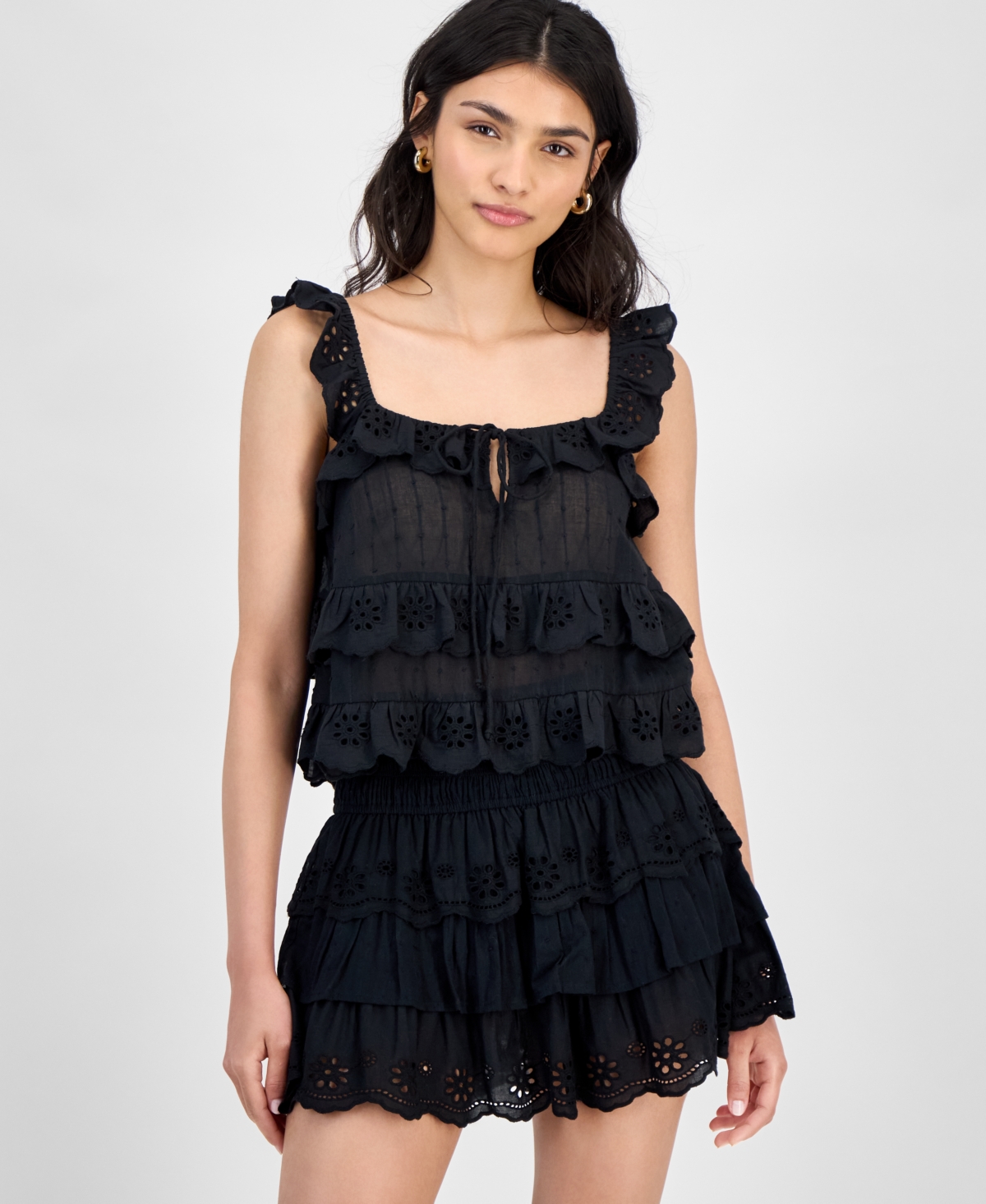 Women's Cotton Eyelet-Ruffled Tank Top - White