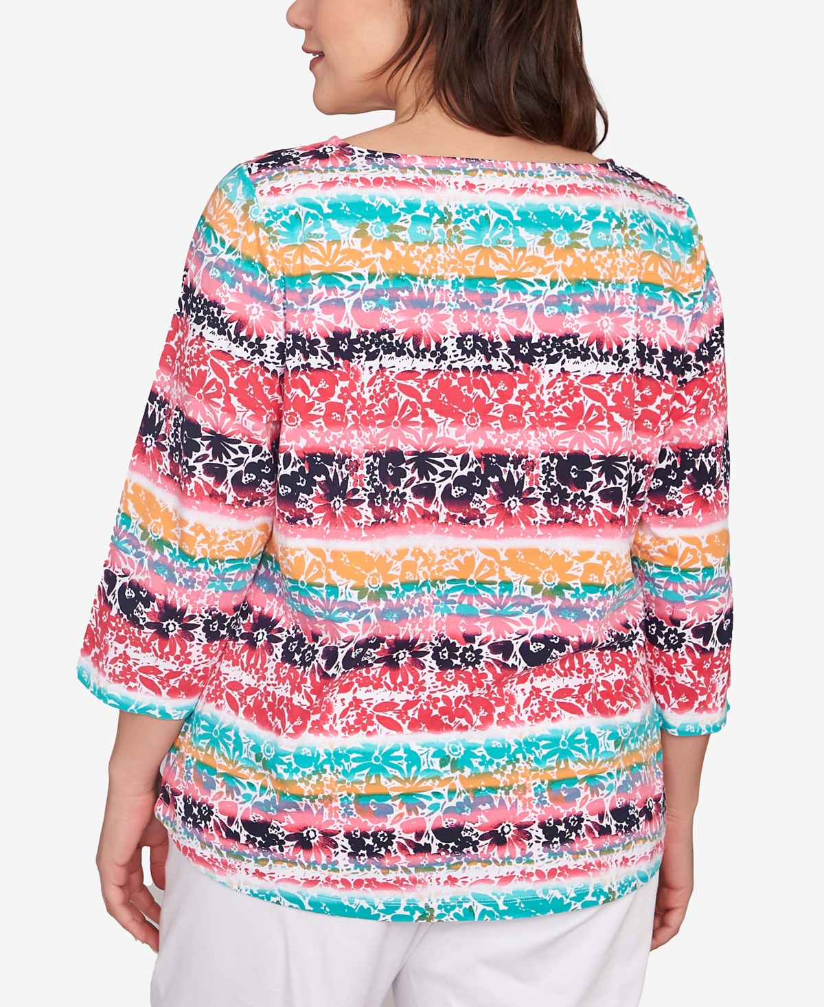 Ruby Rd. Plus Size Watercolor Floral Stripe Top In Watermelon Multi