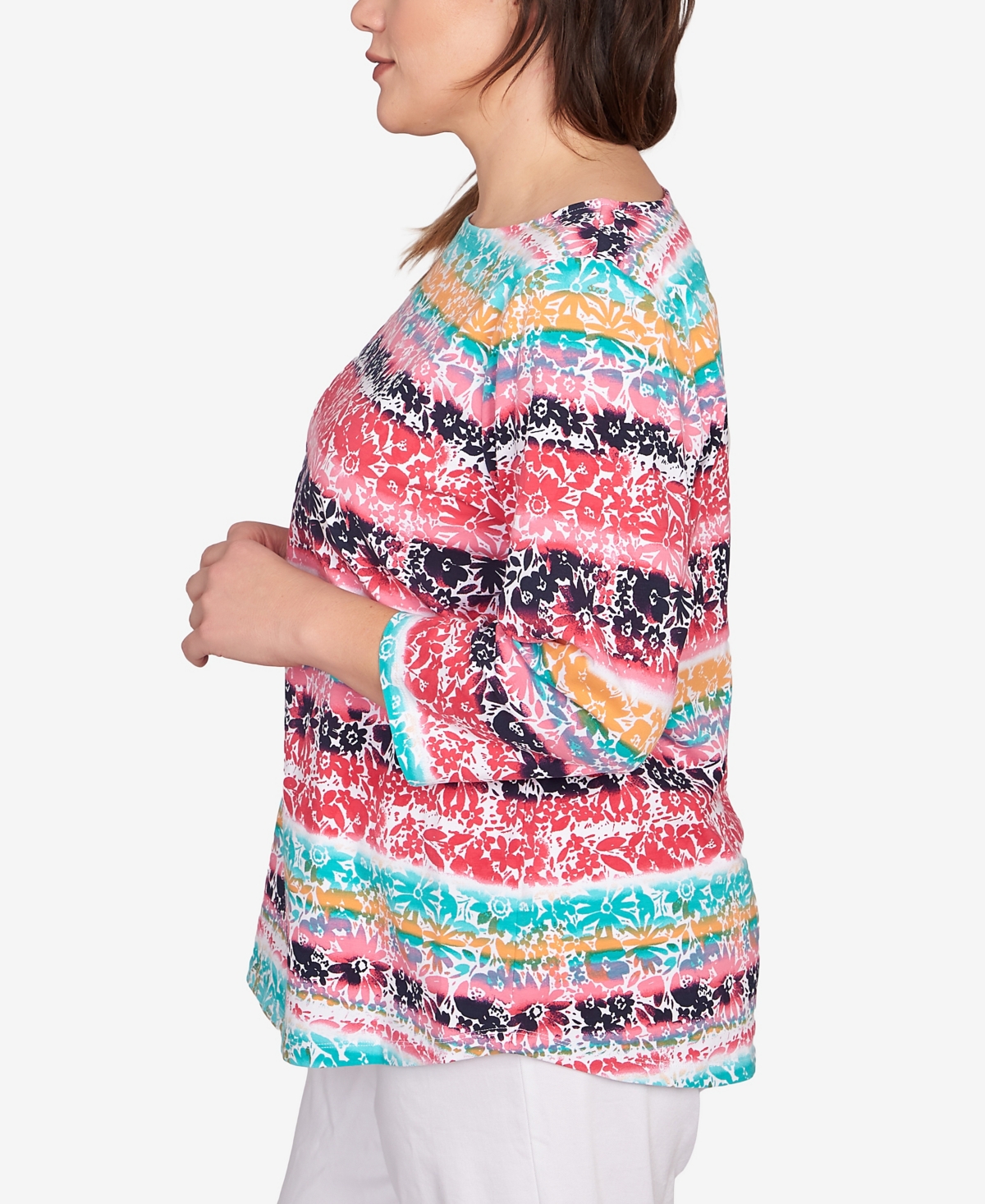 Ruby Rd. Plus Size Watercolor Floral Stripe Top In Watermelon Multi