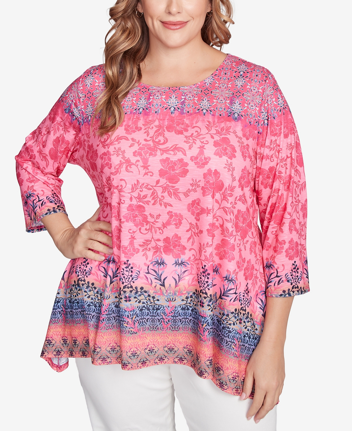 RUBY RD. PLUS SIZE FLORAL OMBRE BORDER SUBLIMATION KNIT TOP 