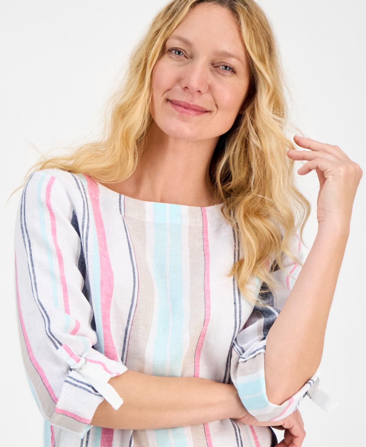 CHARTER CLUB WOMEN'S STRIPED 100% LINEN TOP, EXCLUSIVELY AT MACY'S 