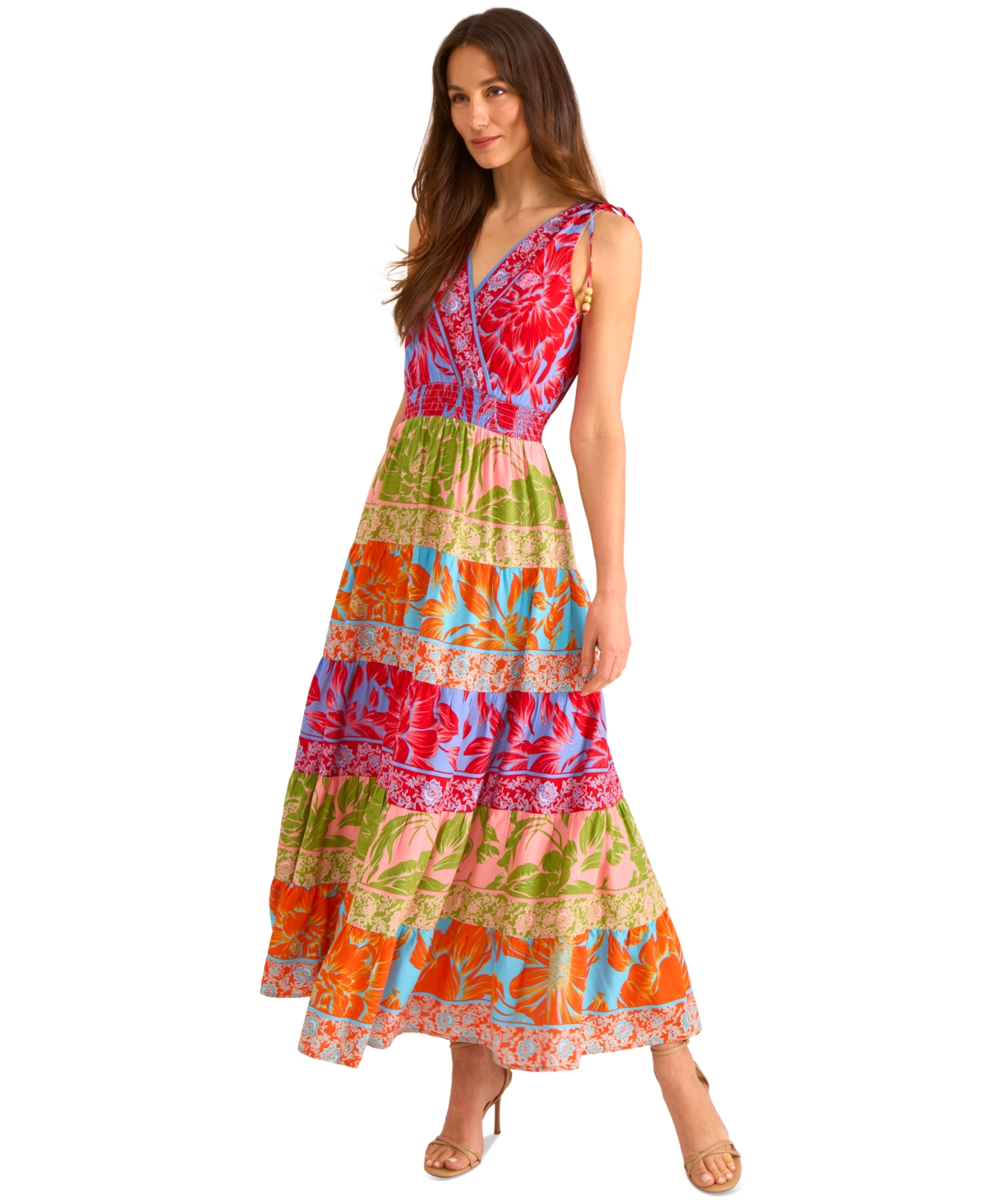 Vince Camuto Print Beaded Tiered Maxi Dress In Pink