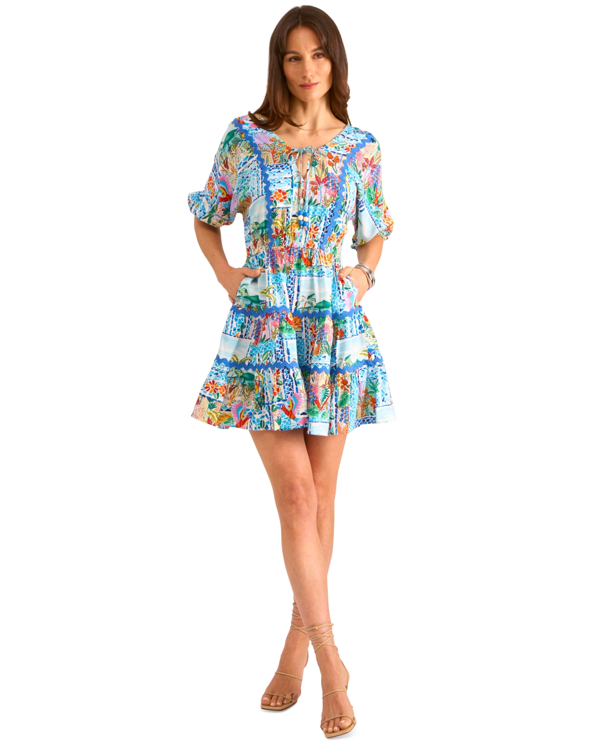 Vince Camuto Printed Tie Front Three Tier Mini Dress In Blue