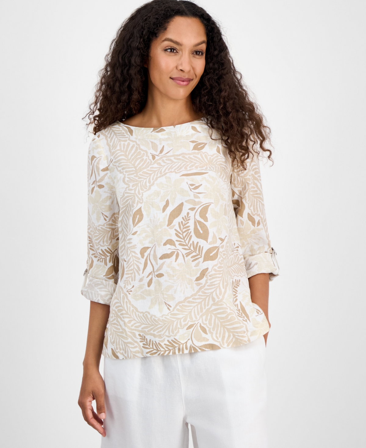 CHARTER CLUB WOMEN'S PRINTED 100% LINEN TOP, EXCLUSIVELY AT MACY'S 