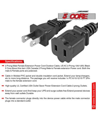 AC Power Cord 10 Ft • 2 Prong Extension Adapter • 16AWG/2C 125V 13A • US Polarized Male to Female Outlet Extension Cable Black