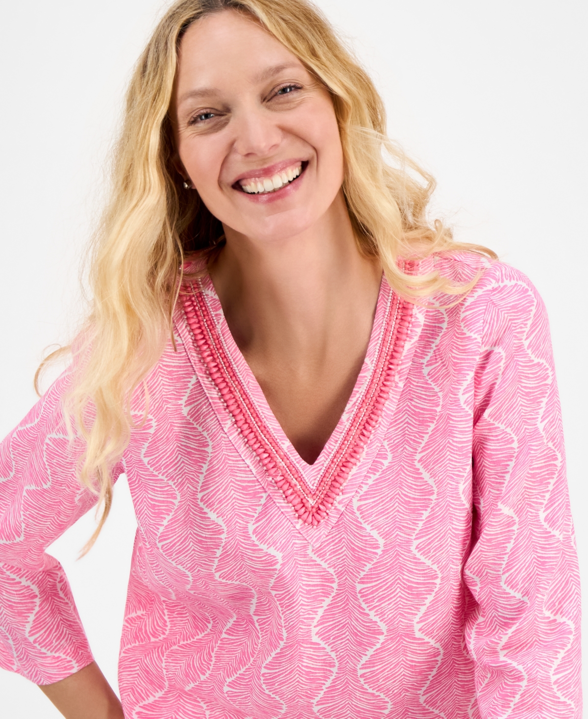 CHARTER CLUB WOMEN'S PRINTED 100% LINEN EMBELLISHED TOP, EXCLUSIVELY AT MACY'S 