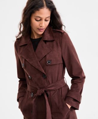 Petite Double-Breasted Faux-Suede Belted Trench Coat