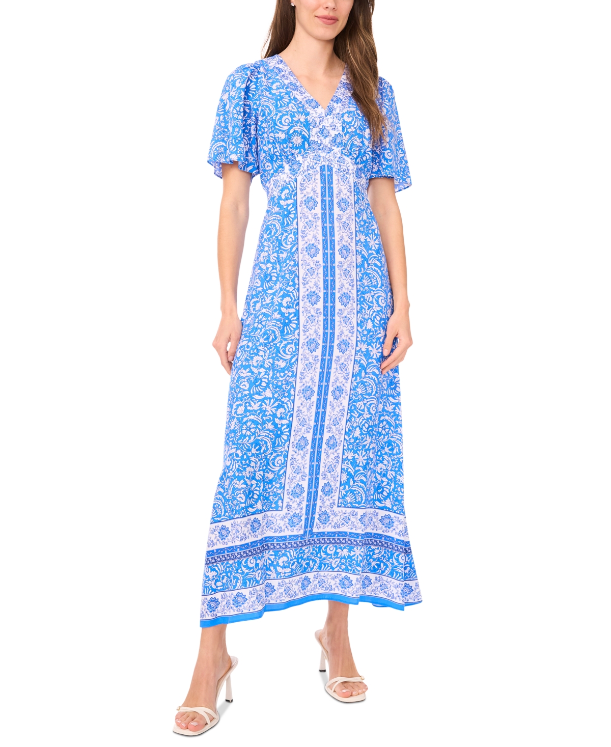 Msk Women's Printed Short-sleeve Maxi Dress In Blue