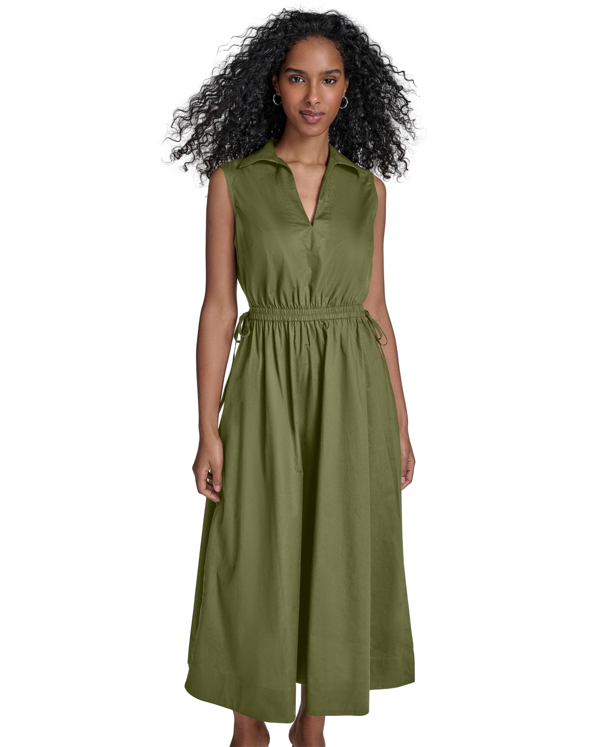 Shop Calvin Klein Women's Cotton Drawstring Sleeveless Midi Dress In Light Olive