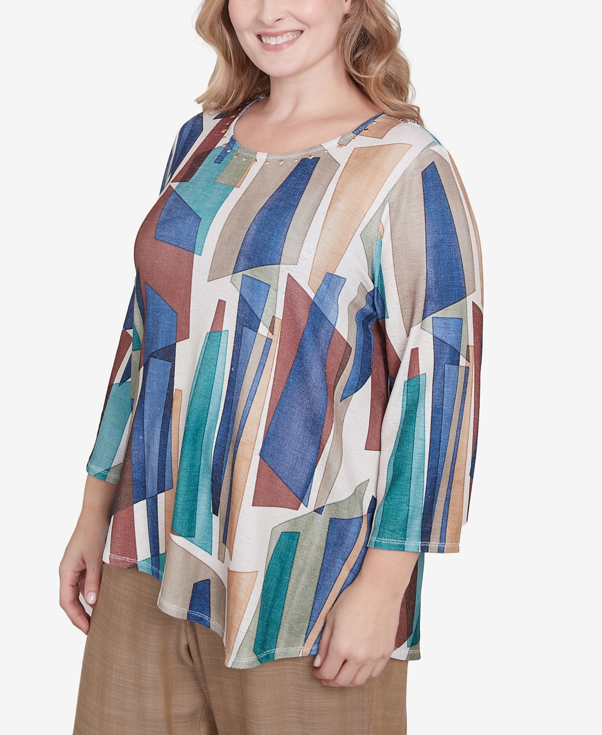 Alfred Dunner Plus Size Summer Solstice Abstract Stained Glass Crew Neck Top In Navy Multi
