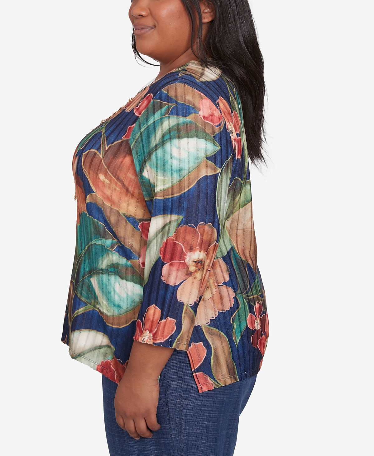 Alfred Dunner Plus Size Summer Solstice Dramatic Summer Floral Top With Necklace In Navy Multi