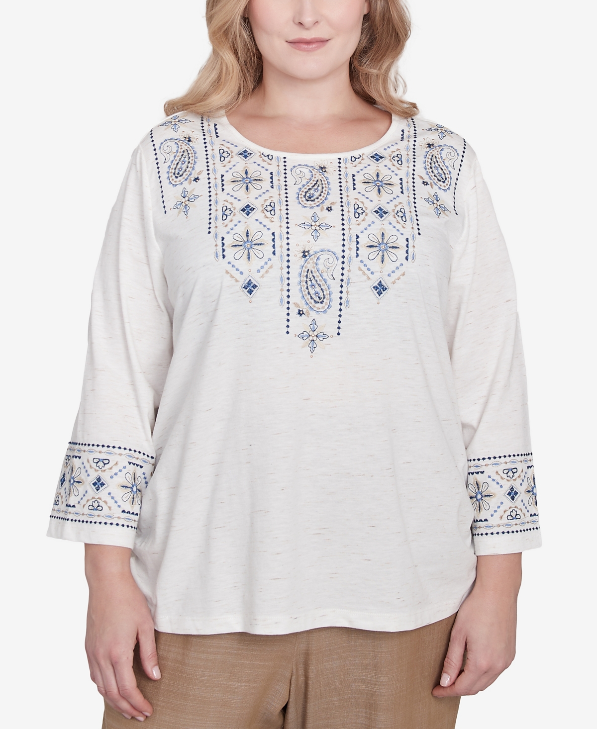 Alfred Dunner Plus Size Summer Solstice Linear Embroidered Tie Sleeve Top In Linen