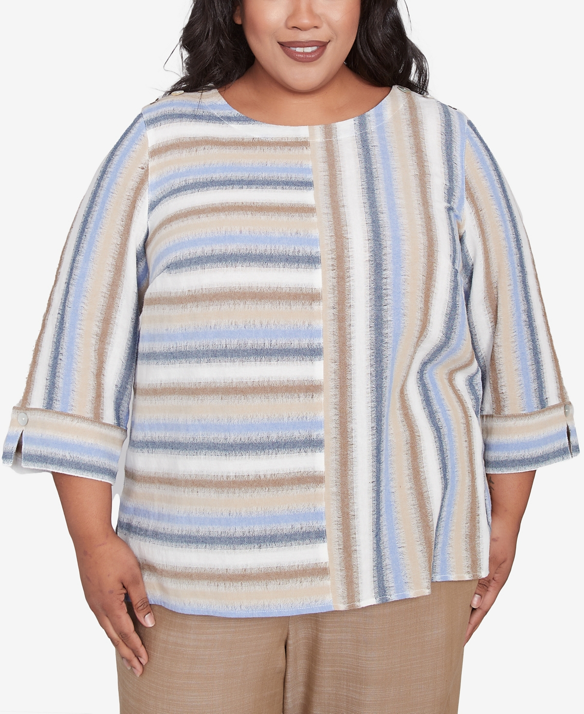 Alfred Dunner Plus Size Summer Solstice Spliced Stripe Button Shoulder Crew Neck Top In Neutral Multi