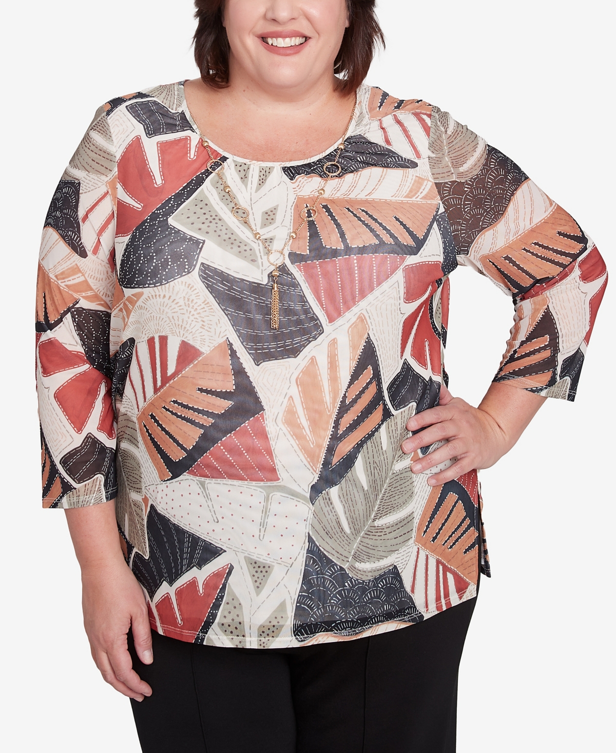 Alfred Dunner Plus Size Natural Instinct Tropical Mesh Top With Necklace In Neutral Multi