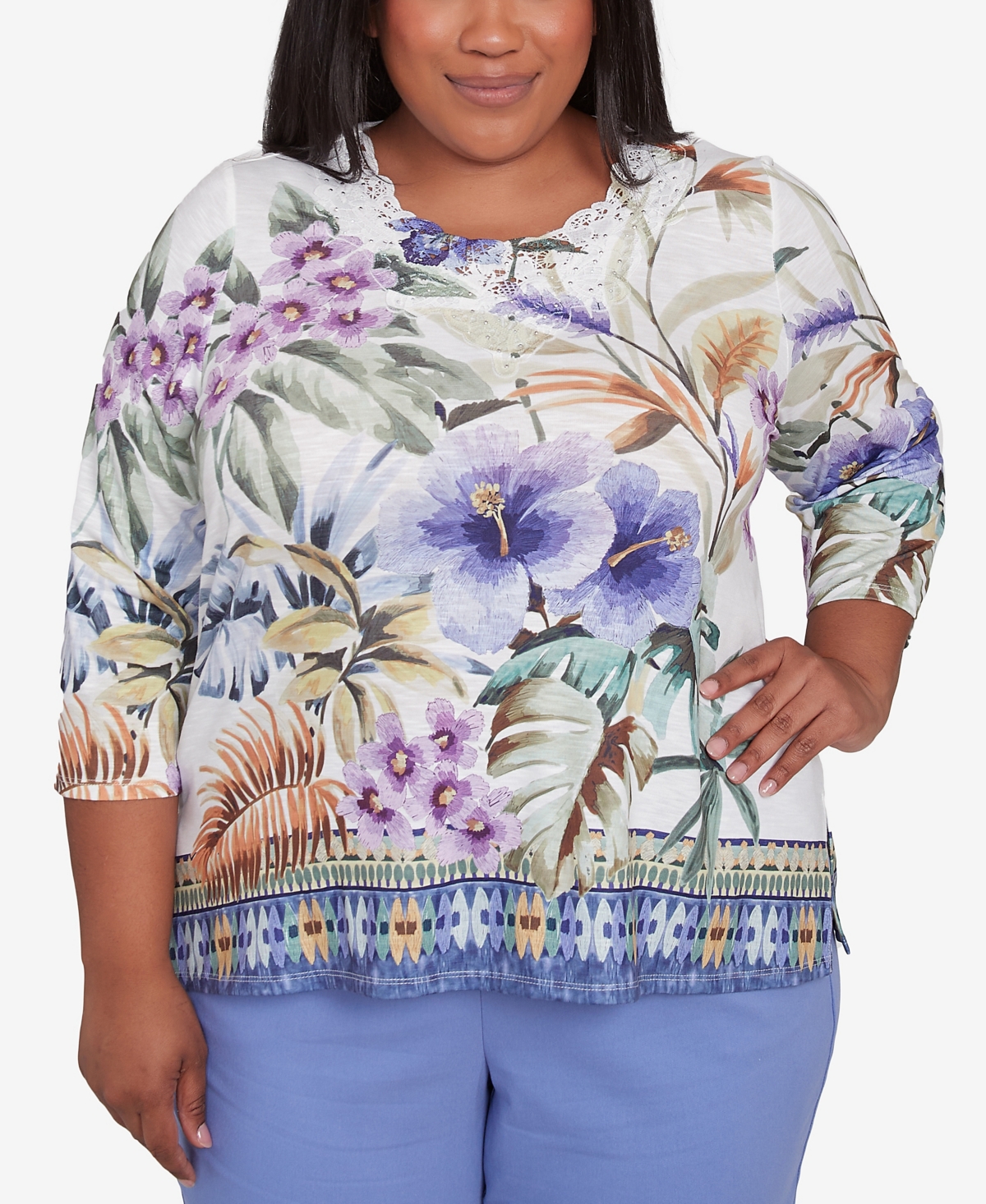 Alfred Dunner Plus Size Santa Fe Tropical Floral Border Top In Aloe Multi