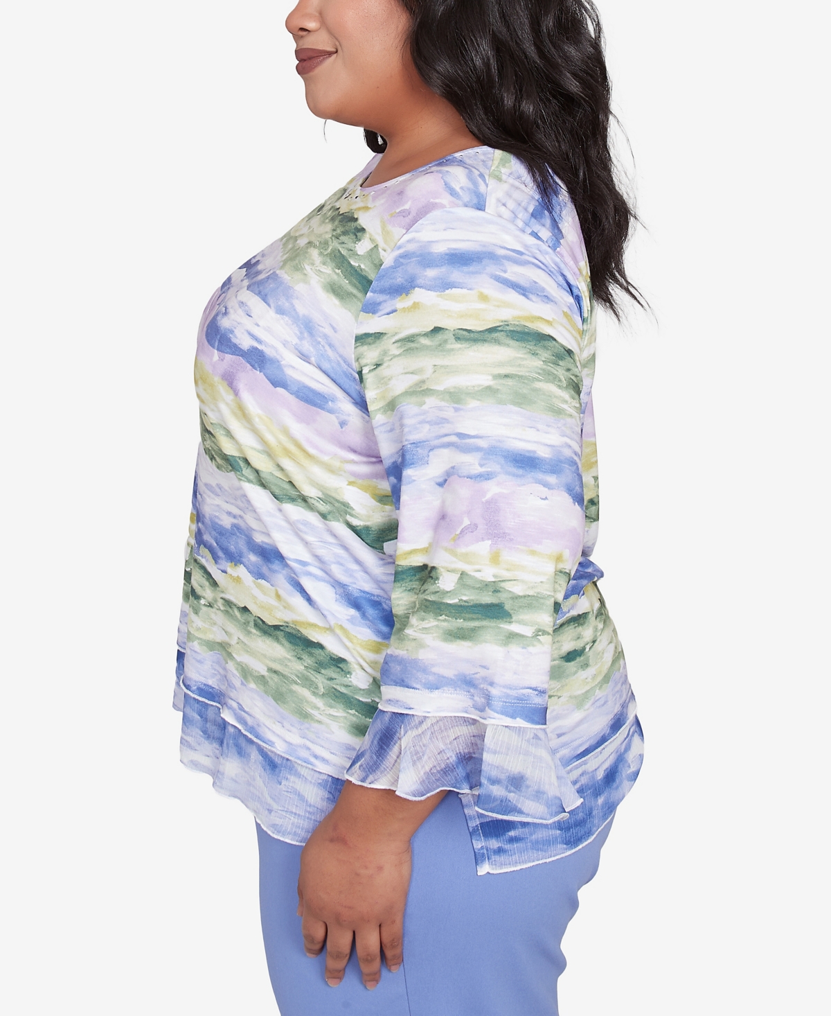 Alfred Dunner Plus Size Santa Fe Watercolor Biadere Striped Crew Neck Top In Iris Multi