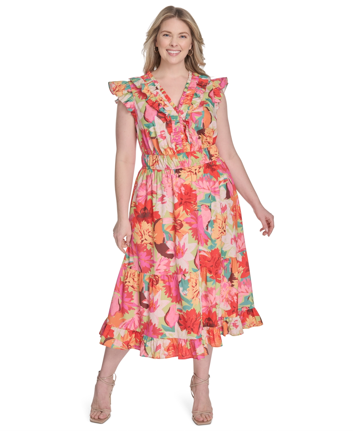 VINCE CAMUTO PLUS SIZE PRINTED RUFFLE FLUTTER-SLEEVE TIERED MIDI DRESS 