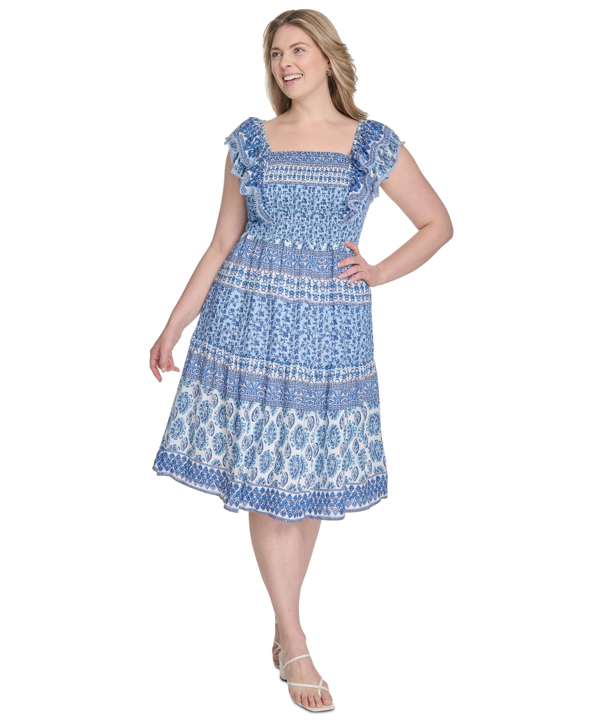Plus Size Printed Square-Neck Cap-Sleeve Dress - Blue