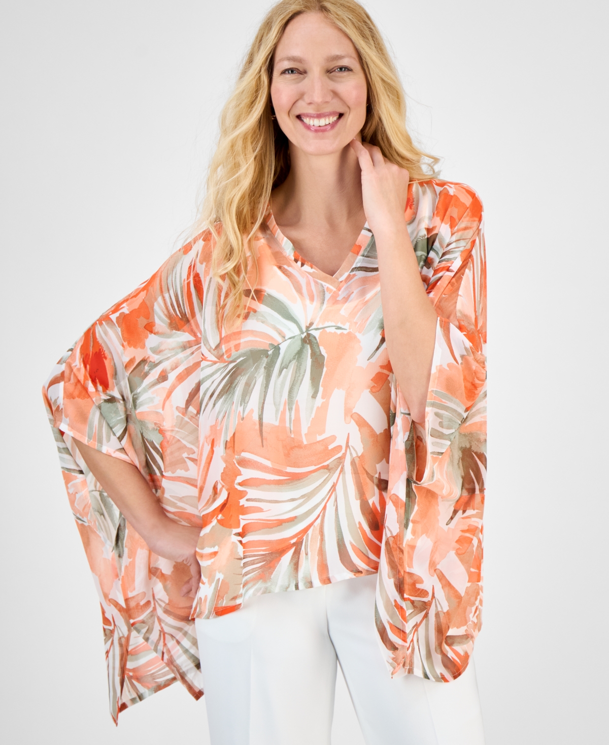 Women's V-Neck Printed Chiffon Poncho - Hazelwood Multi