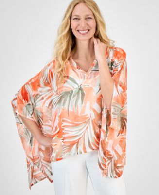 売れ筋商品|||カスパー カットソー トップス レディース Women's V-Neck Printed Chiffon Poncho Hazelwood Multi 32326399_fpx.tif?$filterlrg$&