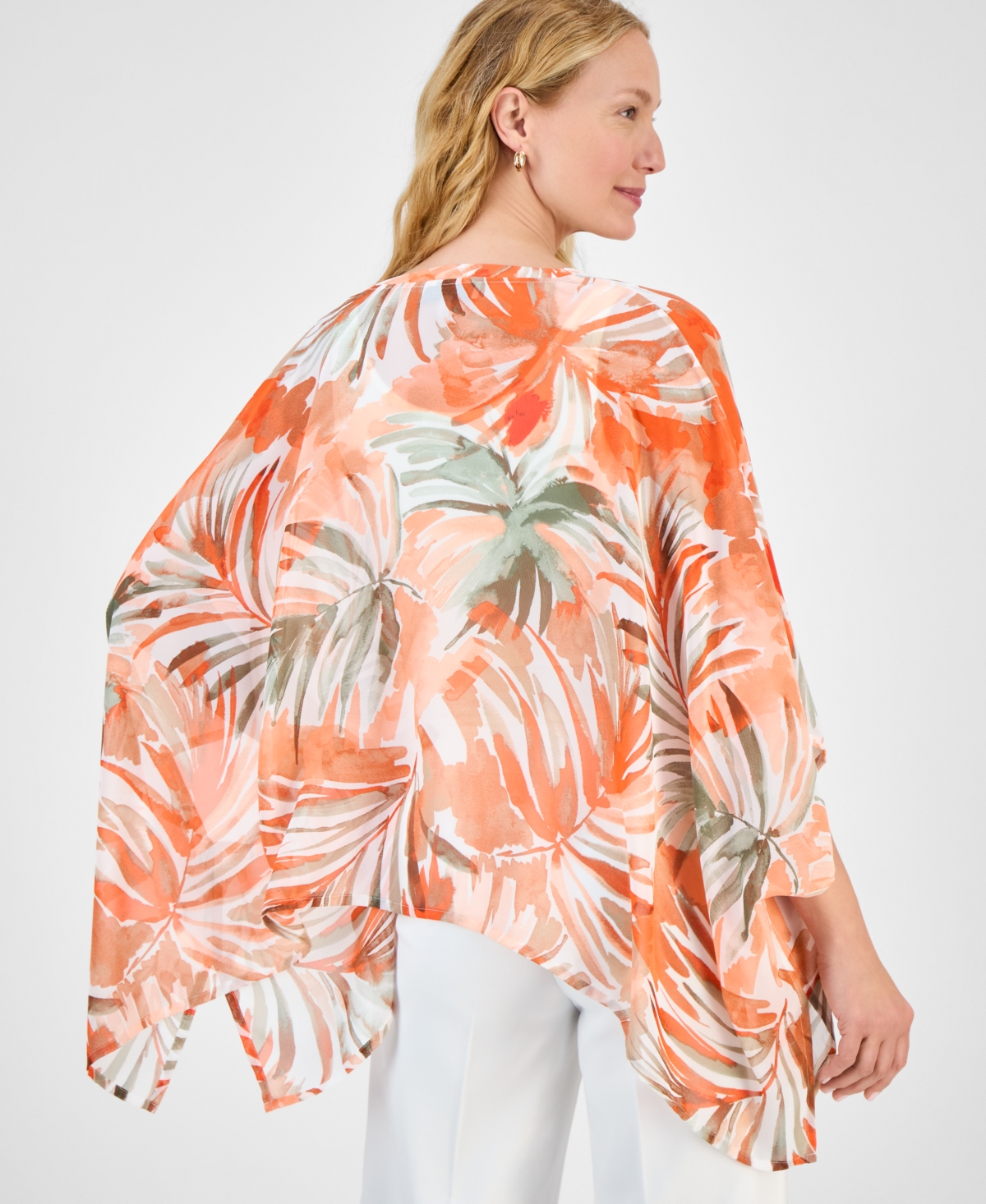 Kasper Women's V-neck Printed Chiffon Poncho In Orange