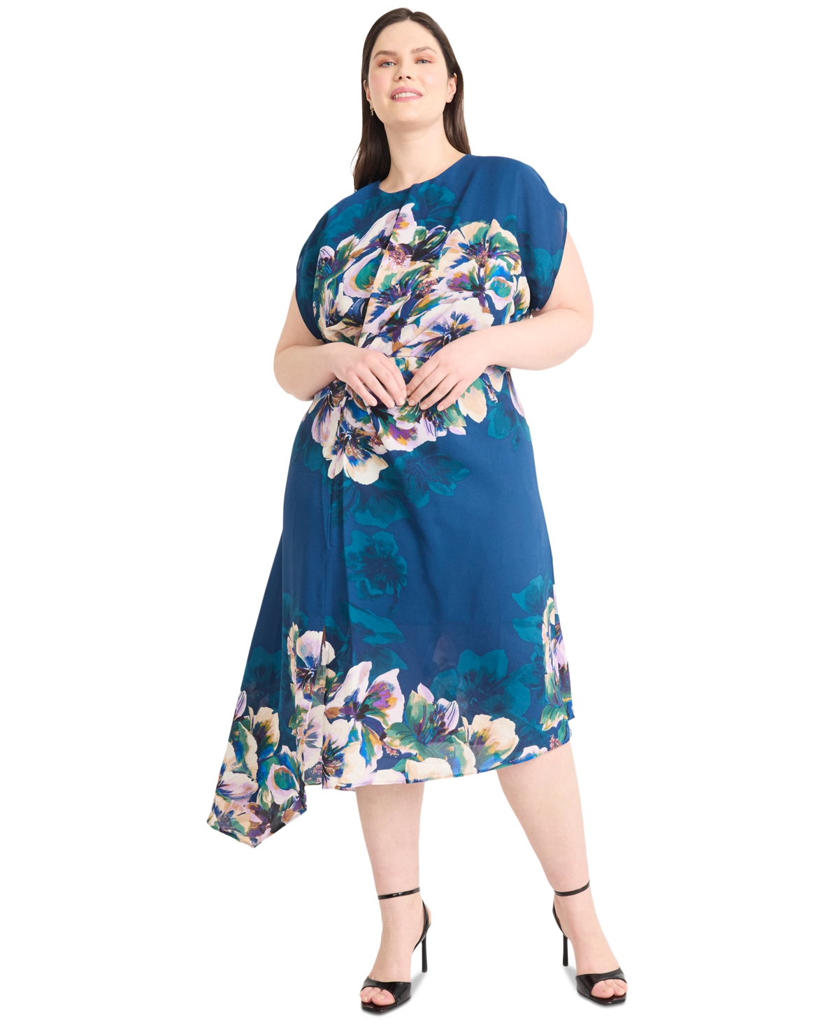 Plus Size Printed Round-Neck A-Line Dress - Teal Multi