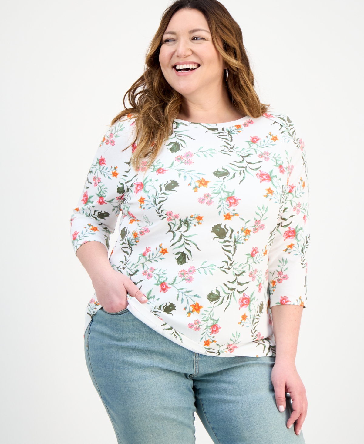 Plus Size Printed 3/4-Sleeve Knit Top, Exclusively at Macy's - Floating Mint