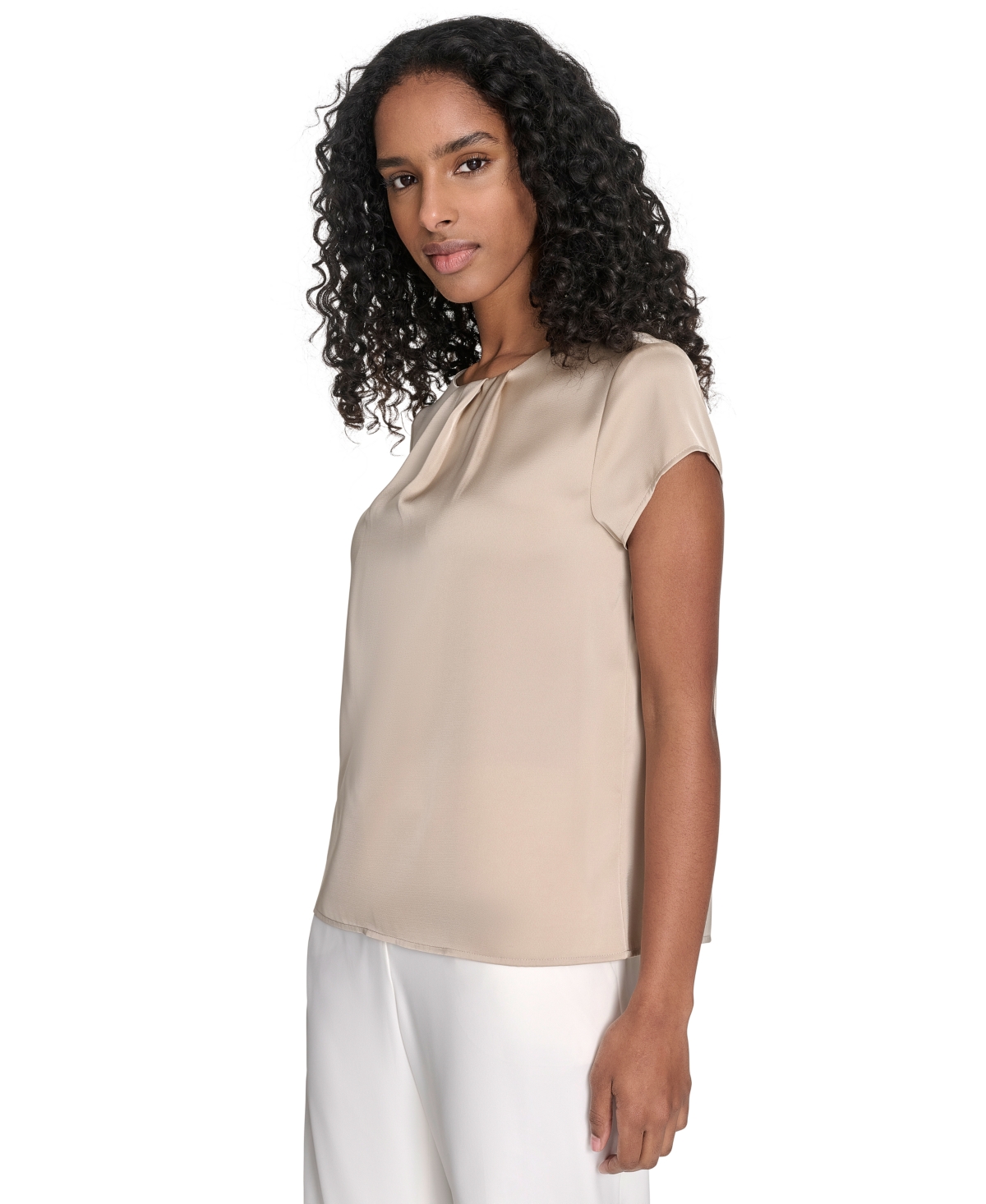 Calvin Klein Women's Cap Sleeve Satin Pleat-neck Blouse