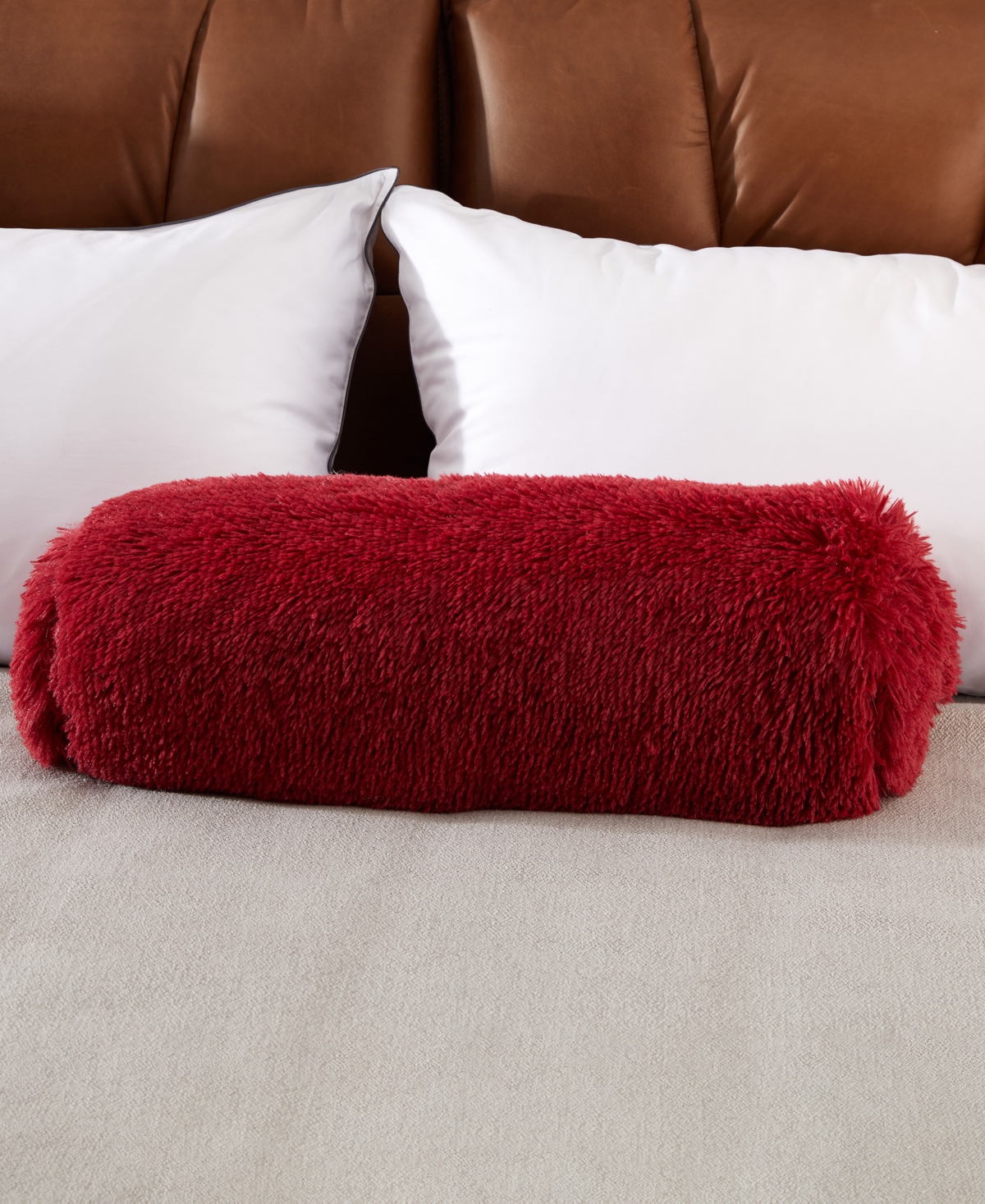 Cheer Collection Shaggy Bolster Decorative Pillow Set, 8" X 24" In Red