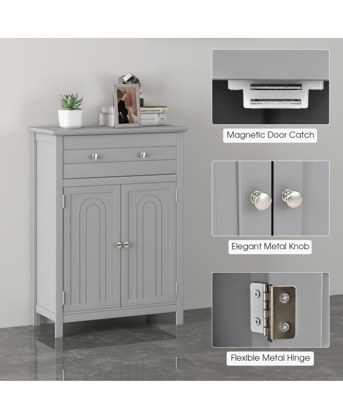 Gymax Bathroom Floor Cabinet Wooden Storage Organizer with Drawer & Doors Blcak