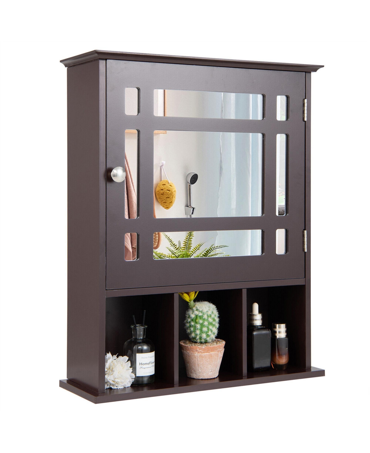 Mirrored Medicine Cabinet Bathroom Wall Mounted Storage W/Adjustable Shelf Brown - White