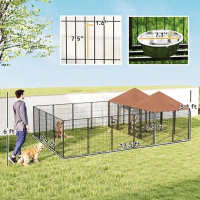 Dog Kennel Outdoor with Rotating & Adjustable Height Bowls, 2 Rooms