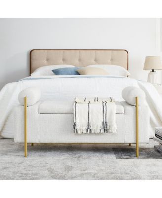Upholstered Storage Bench with Cylindrical Armrests and Metal Legs Modern Rectangular Ottoman Seat for Bedroom Living Room or Entryway-The Pop Home
