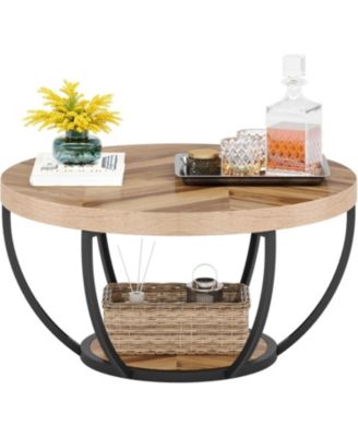 Round Coffee Table, Industrial 2-Tier Circle Coffee Table with Storage Shelves for Living Room, Home Office