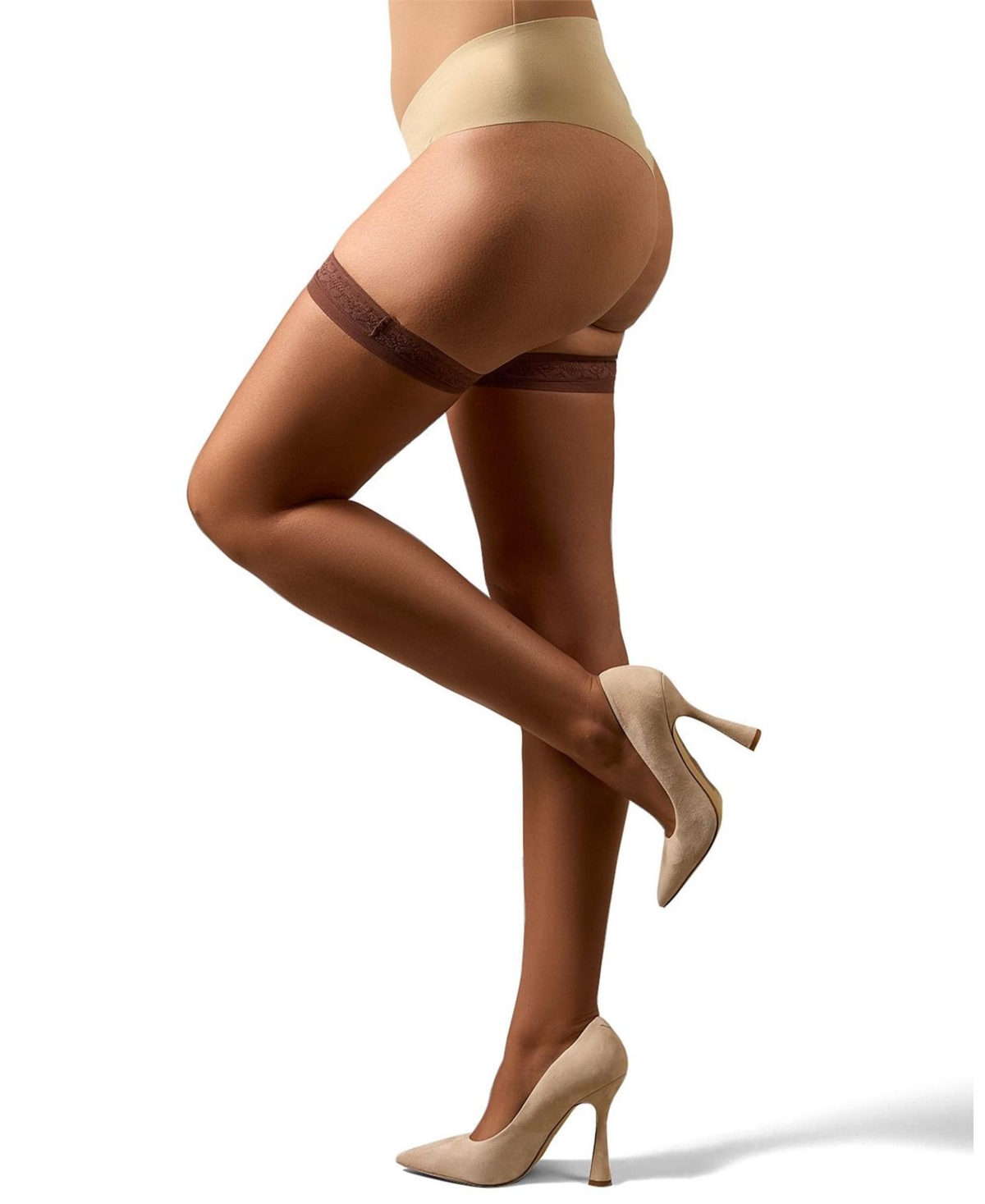 Memoi Women's Simply Bare Floral Lace Top Thigh High Tights Mm-109 In Caramel