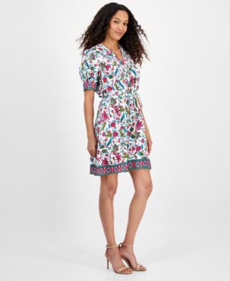 Women's Printed Tie-Neck Short-Puff-Sleeve Dresss