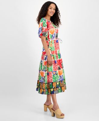 Women's Printed V-Neck Puff-Sleeve Midi Dress
