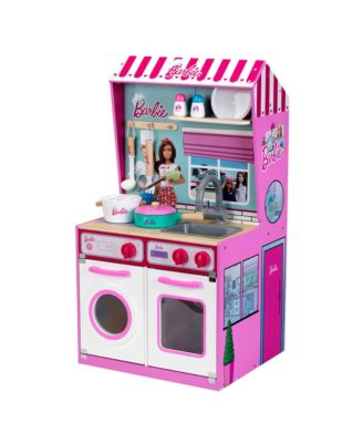 2 In 1 Barbie Wooden and Metal Toy Kitchen and Dollhouse with Pretend Washing Machine and Oven for Kids Ages 3 and Up