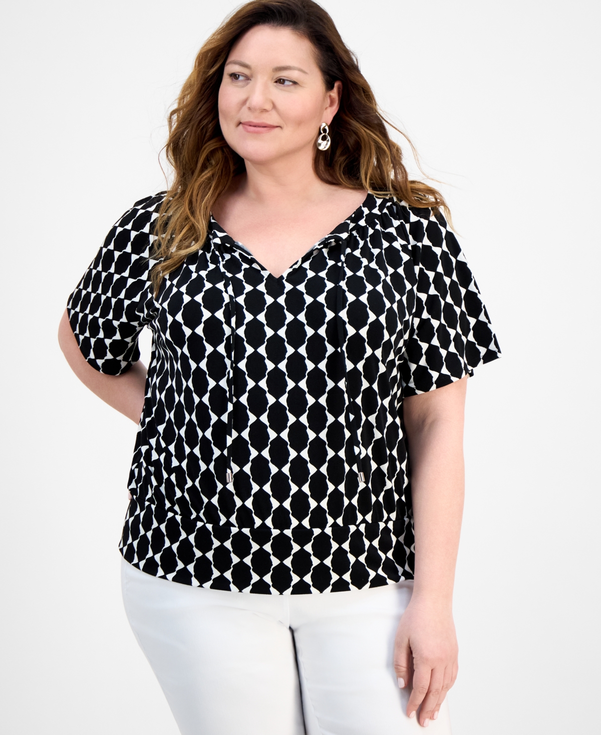 Plus Size Printed Tie Split Neck Top, Exclusively at Macy's - Stonewall