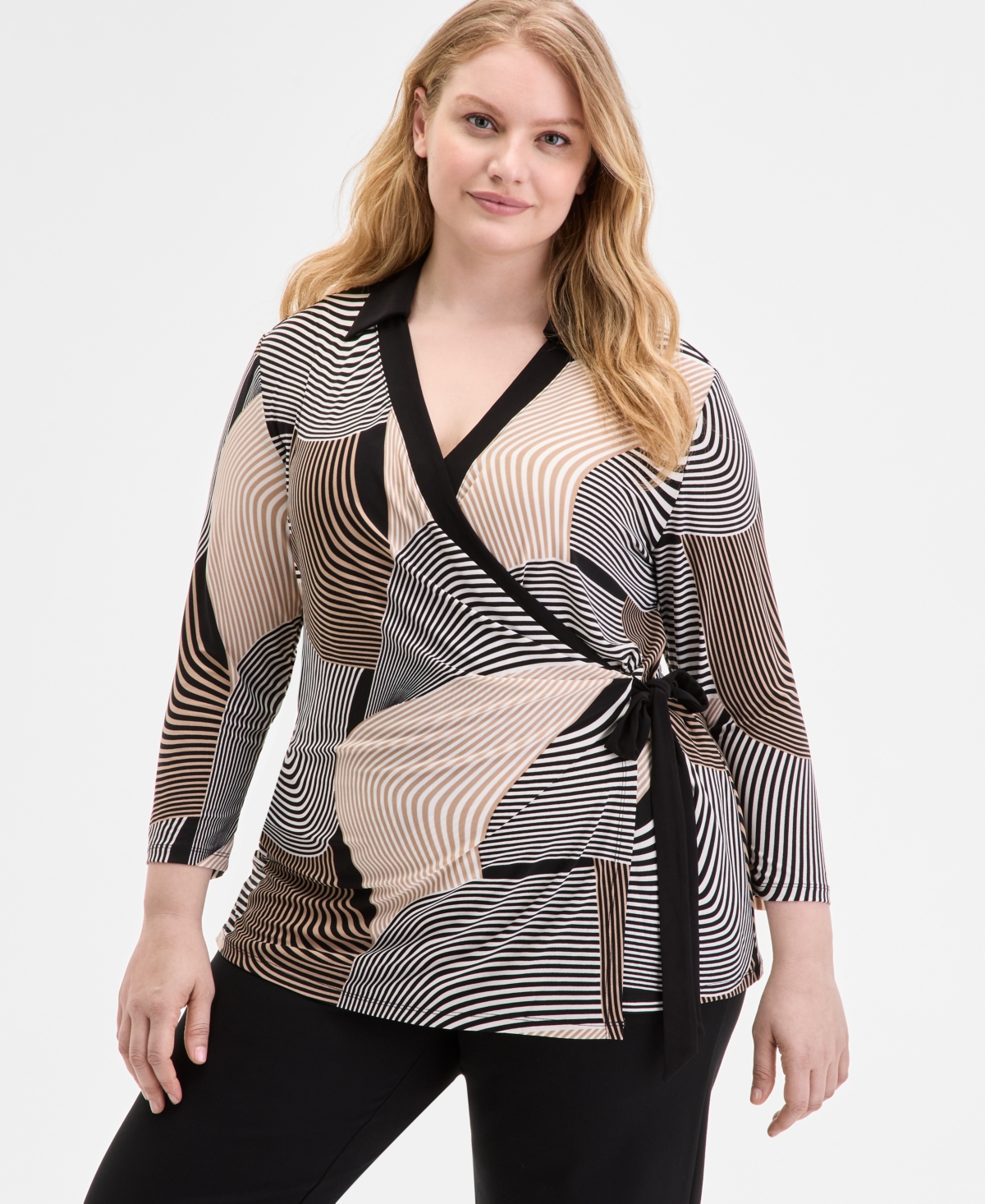 Plus Size Printed 3/4-Sleeve Wrap Top - Latte Multi