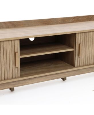 63" Oak Mid-Century Modern Tambour-Style TV Stand with Tray Top & 2 Doors