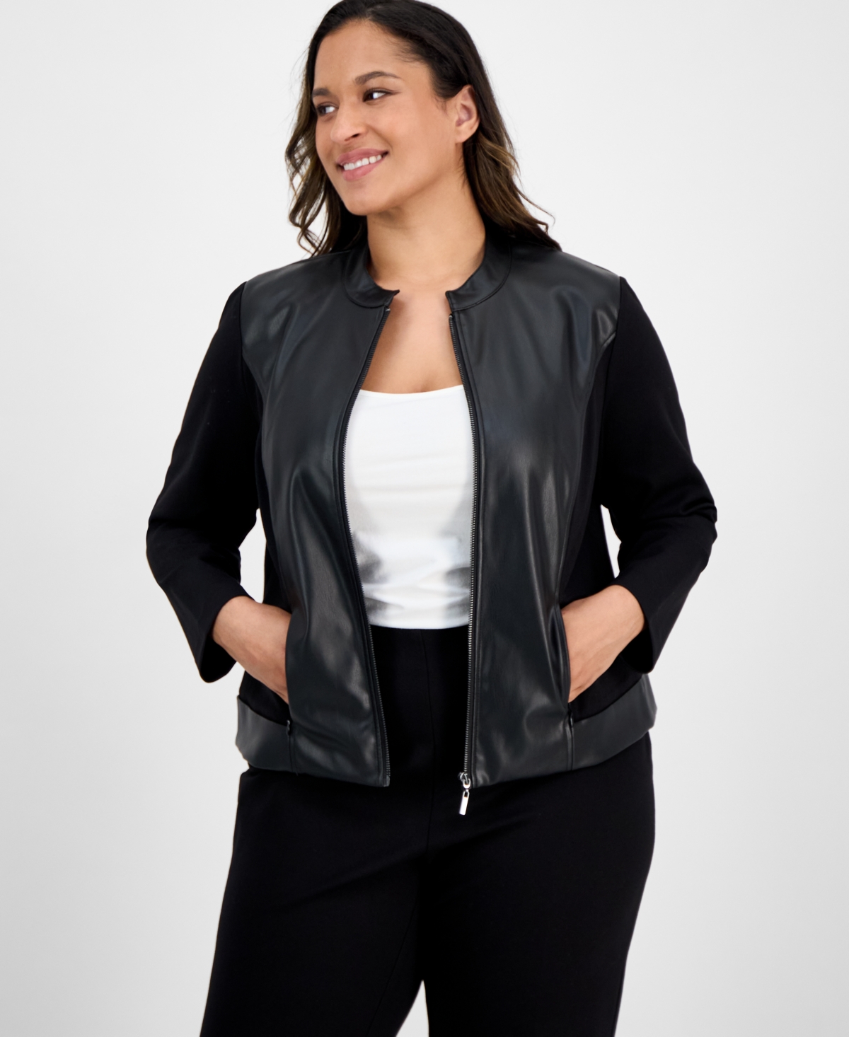 Ak Anne Klein Plus Mixed-Media Zip-Front Jacket
