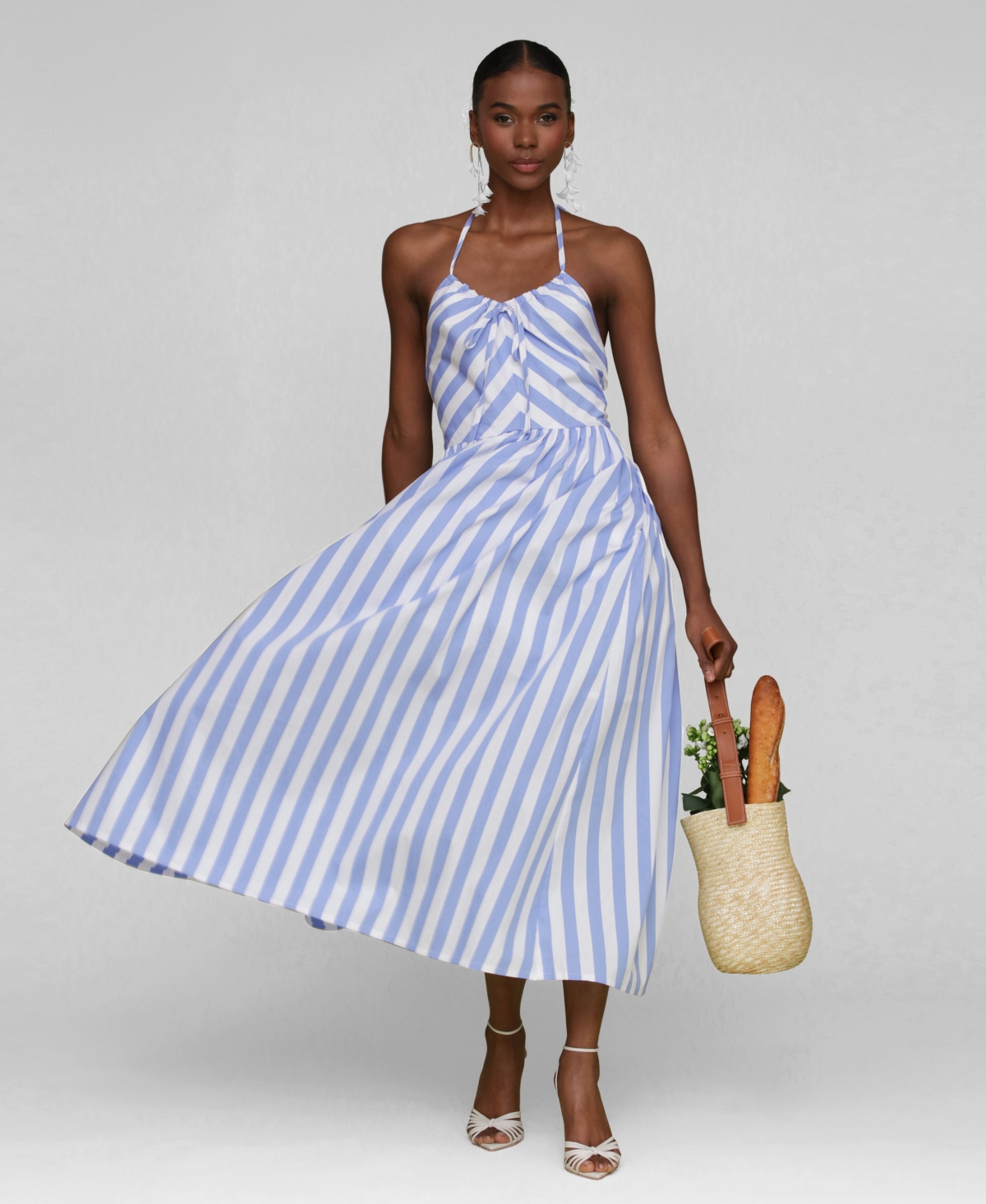 Avec Les Filles Stripe Halter Neck Cotton Blend Midi Dress In Blue