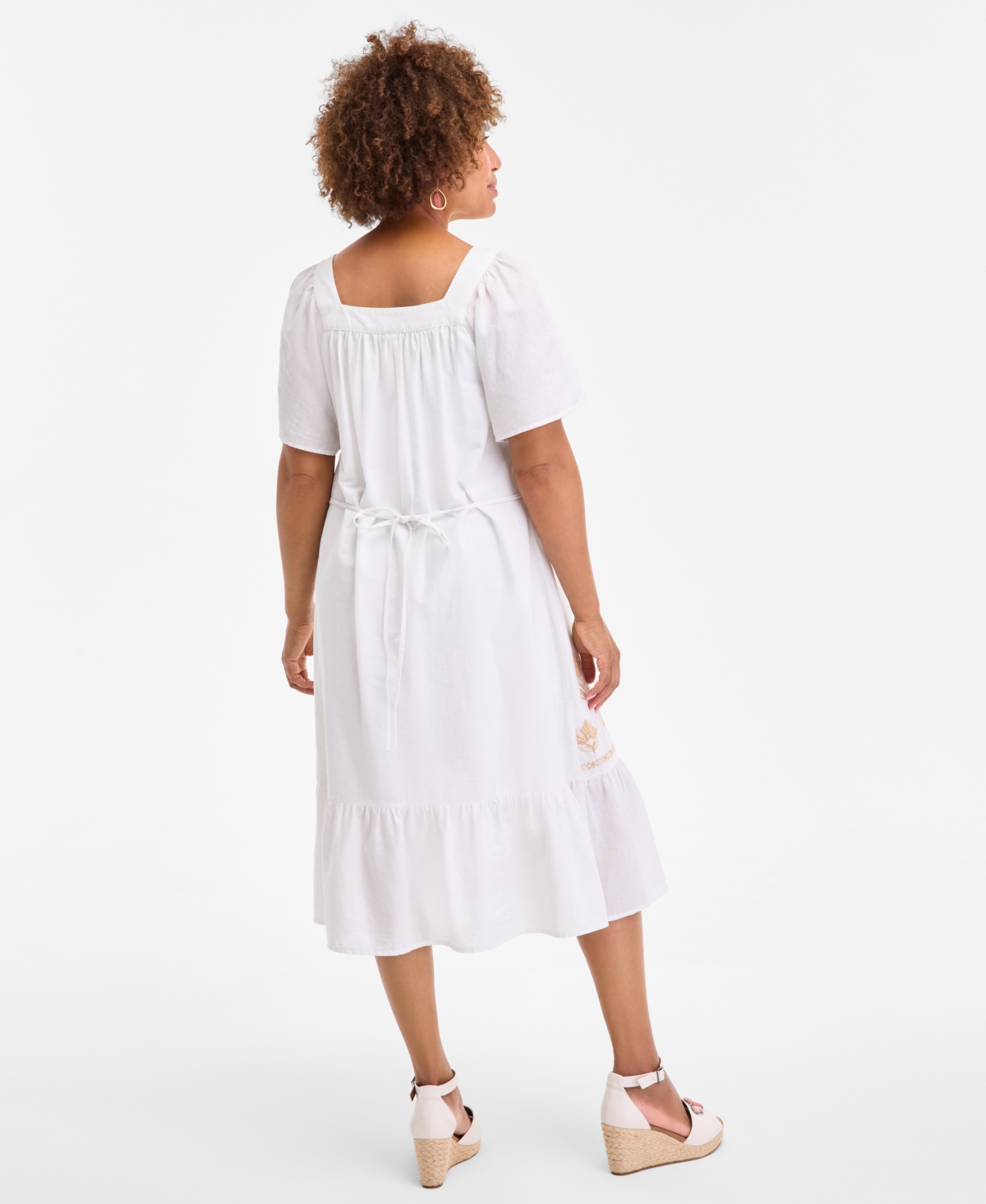 Style & Co Women's Cotton Gauze Embroidered-trim Square-neck Midi Dress, Exclusively At Macy's