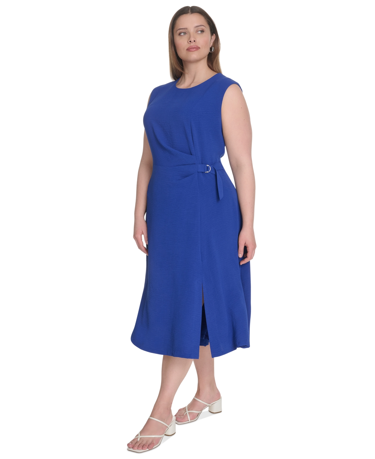 CALVIN KLEIN PLUS SIZE SIDE-CINCHED SLEEVELESS MIDI DRESS 