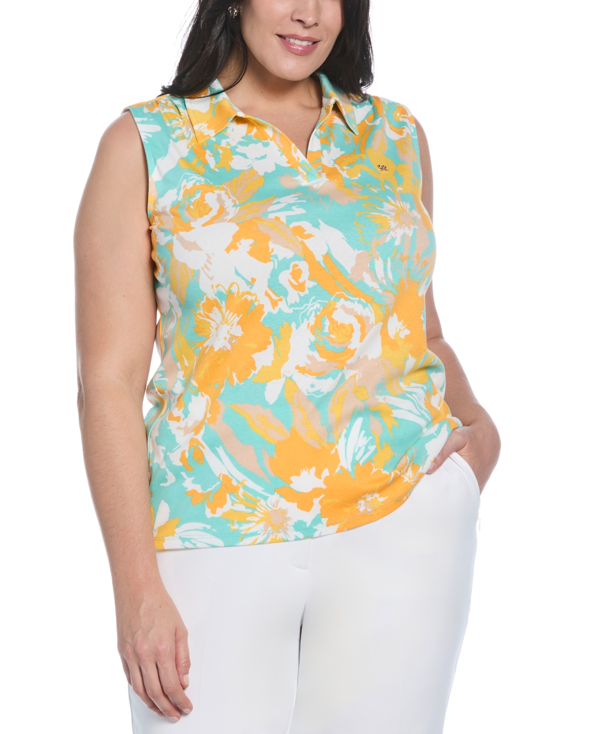 Plus Size Floral Print Ribbed Sleeveless Polo T-Shirt - Pool Blue