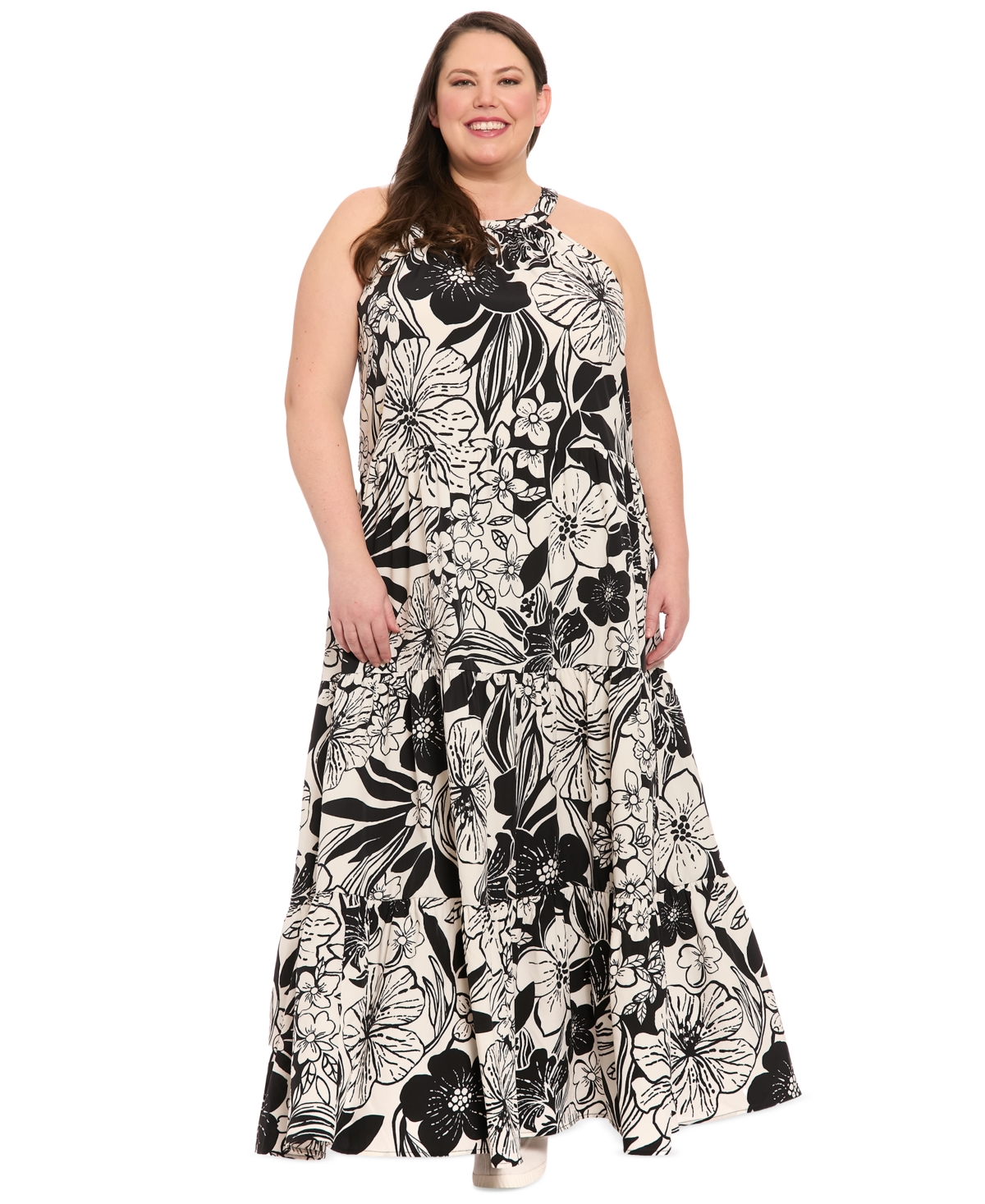 London Times Plus Size Halter Tiered Maxi Dress