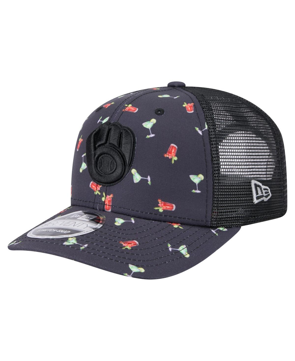 NEW ERA MEN'S BLACK MILWAUKEE BREWERS ADVENTURE DRINKS PATTERN 9SEVENTY STRETCH-SNAP HAT 