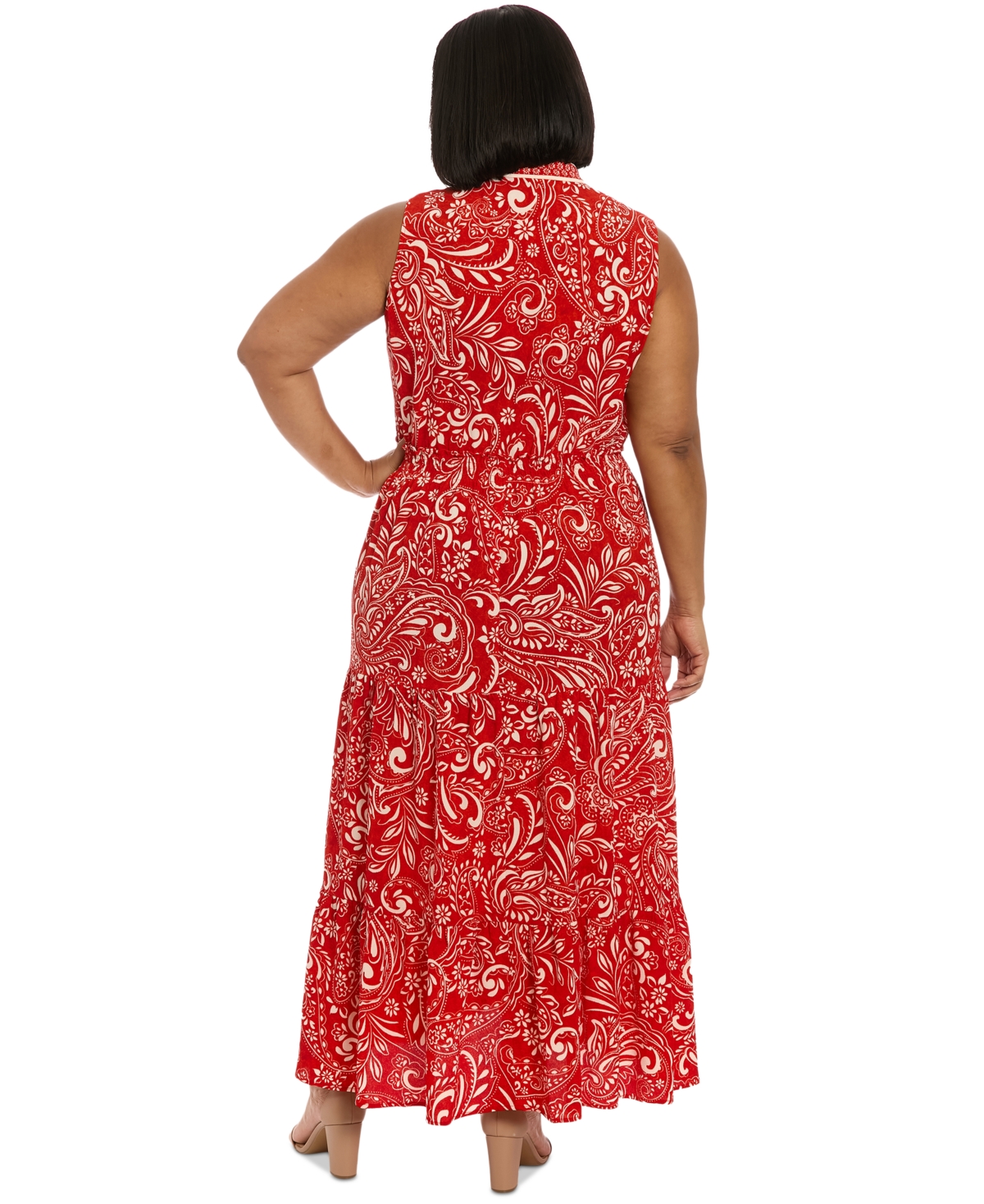 London Times Plus Size Ruffled-neck Tiered Maxi Dress In Red