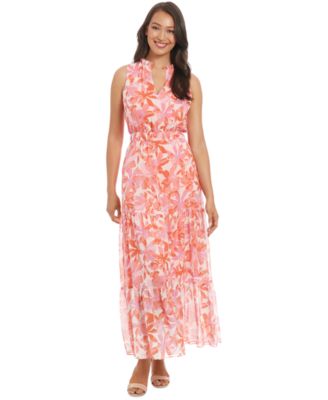 London Times - Petite Printed Ruffle-Collar Maxi Dress